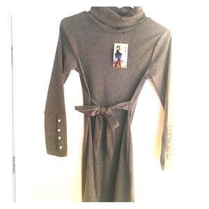 Cuffed neck, mid forearm gray dress with diamonds